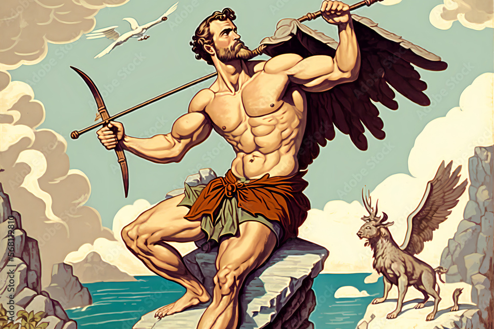 The illustration depicts Hercules in the midst of expelling the birds