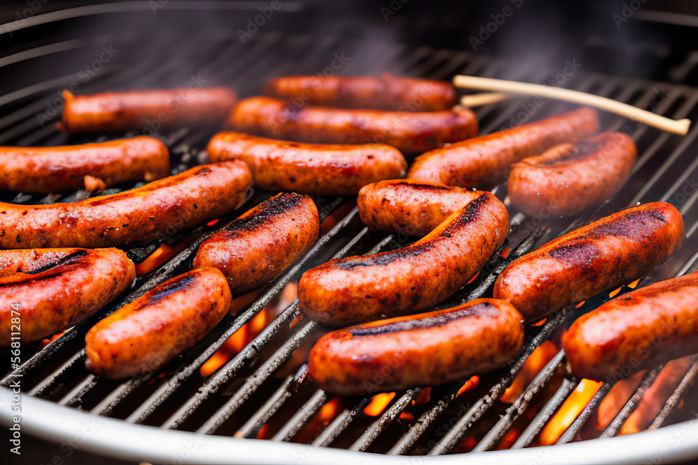 Fototapeta premium Grilling fried Bavarian sausages or small sausages on the grill in the background of a fire.