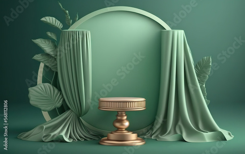 Green background for beauty products with a podium and a pedestal for product photography. Ideal shapes to highlight the merits of your product or logo. Based on Generative AI