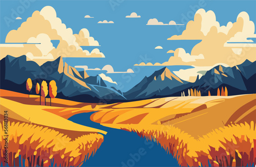 Landscape vector background. Road to golden yellow wheat field, mountains, hills, clouds in the sky. Flat style illustration of autumn nature.