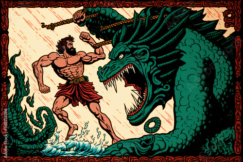 Greek hero Hercules battling the Hydra of Lerna, a multi-headed serpent monster. Hercules is depicted with his club and sword, determined to defeat the Hydra. Generative AI. photo