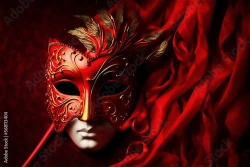 Red carnival mask. Festival wallpaper mask on red background. Generative AI