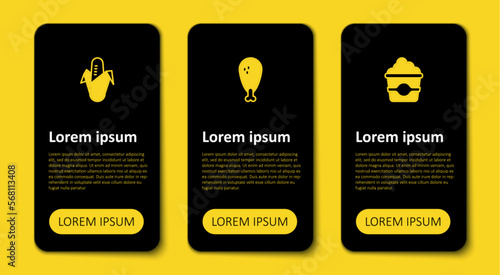 Set Popcorn in cardboard box, Chicken leg and Corn. Business infographic template. Vector