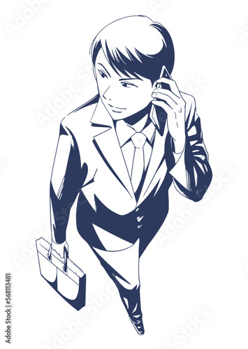 イケメンビジネスマン：携帯を持つ男性, 線画バージョン(ネイビー)