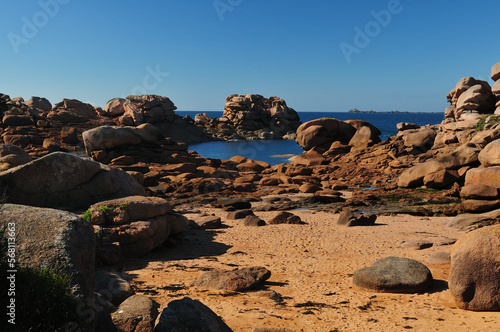 The Beautiful Red Rock Coast In Ploumanach In Bretagne France On A Beautiful Sunny Summer Day With A Clear Blue Sky