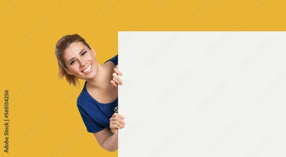 Young woman show a white blank card Young woman show a white blank card