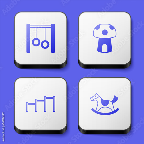Set Gymnastic rings, Mushroom house, Sport horizontal bar and Horse saddle swing icon. White square button. Vector