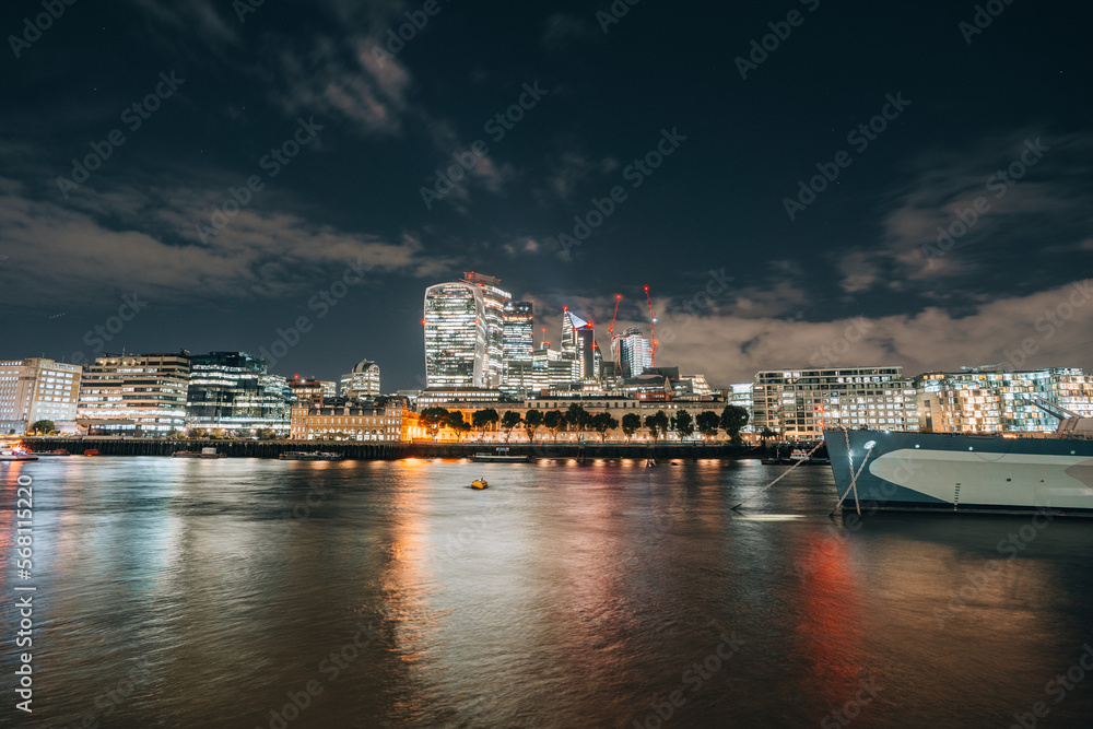 Business district in London during the night long exposure United Kingdom