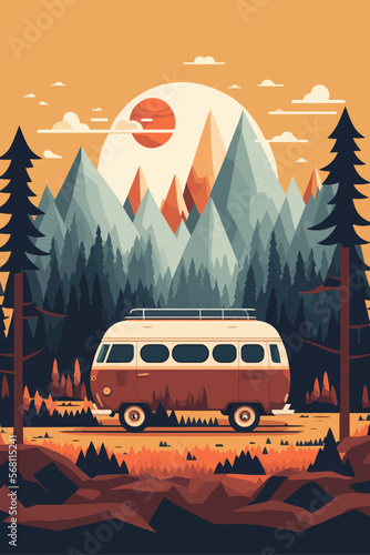 Retro camper van in the forest at sunset. Vector illustration