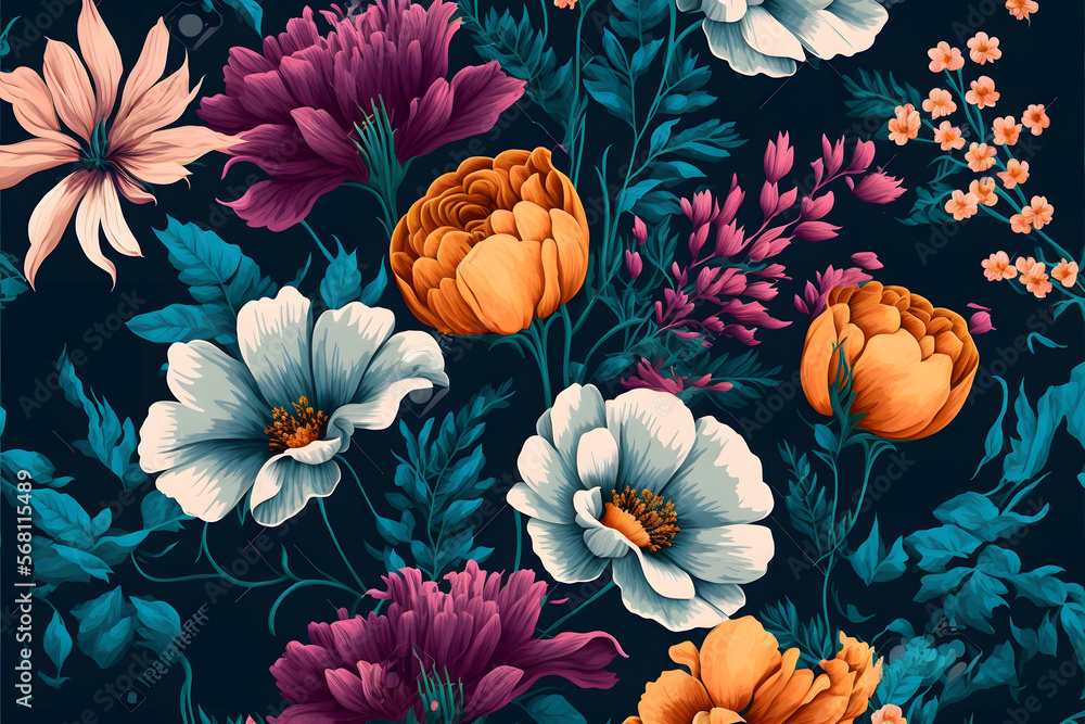 Seamless pattern with flowers, Design for fabric print made with Generative AI technology Seamless pattern with flowers, Design for fabric print made with Generative AI technology