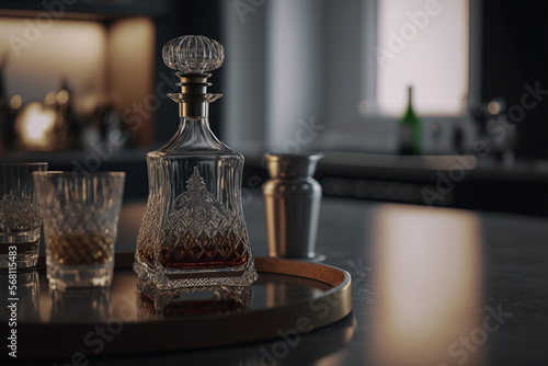 Decanter and two glasses of whiskey on the table. Generative AI.