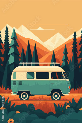 Camping van in the mountains. Vector illustration in flat style. photo