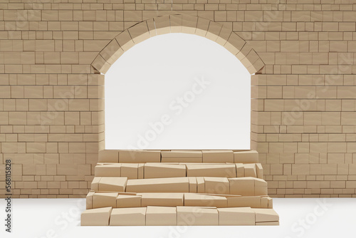 Abstack 3d render platform background, Brick stairs podium backdrop brick wall arch door for product display, showcase, mock up or etc photo