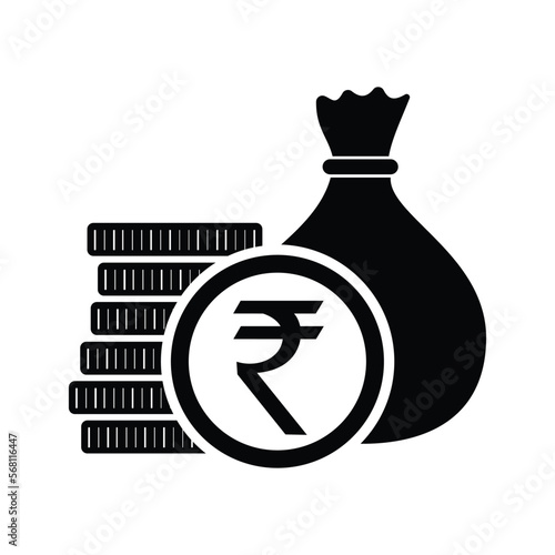 Indian Rupee, money bag with coins and INR currency symbol, vector illustration