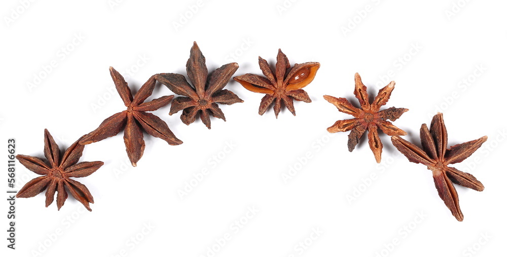 Anise stars frame and border isolated on white, top view Anise stars frame and border isolated on white, top view