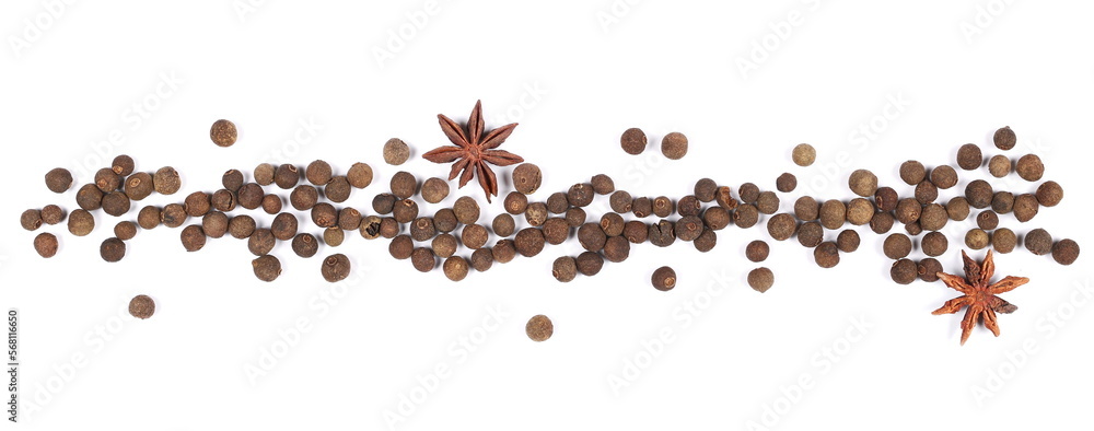 Allspice frame, pimento spice, Jamaican pepper and anise star isolated on white background, top view Allspice frame, pimento spice, Jamaican pepper and anise star isolated on white background, top view