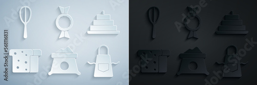 Set Bag of flour, Cake with burning candles, Bread toast, Kitchen apron, Candy and whisk icon. Vector