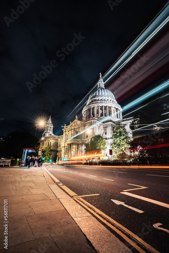 Fototapeta Naklejka Na Ścianę i Meble -  St Paul's Cathedral in London by night with light trails long exposure england