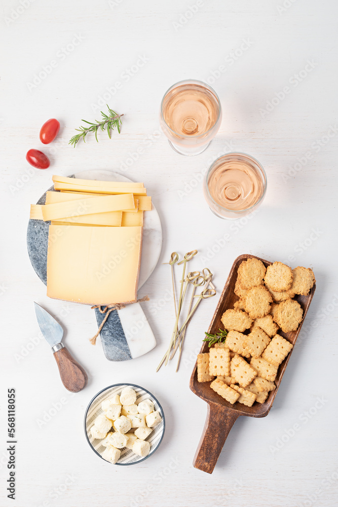 Top view on the table with cheese and appetizers. Apero, buffet party concept