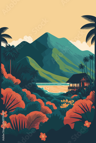 Tropical landscape with palm trees, mountains and lake. Vector illustration