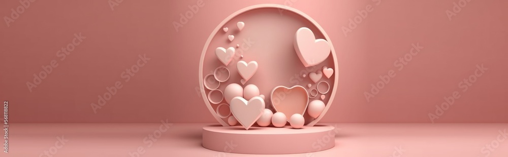 3D podium display. Pastel pink background. Round frame for text or cosmetic product presentation. Abstract hearts. Valentines day or woman's day 3D render mockup. Love concept - generative ai