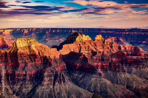 Sunset on bluffs of the Grand Canyon from the North Rim in Arizona