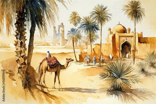 Watercolor painting, a landscape of the Arabian Peninsula in the past - generative ai