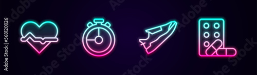 Set line Heart rate, Stopwatch, Fitness sneakers shoes and Sports doping with dumbbell. Glowing neon icon. Vector