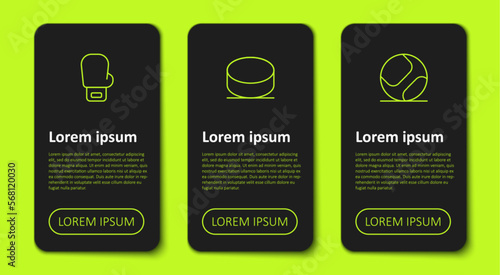 Set line Boxing glove, Hockey puck and Baseball ball. Business infographic template. Vector
