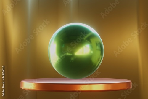 Illustration of a green chrome ball on a podium on a gold background. 3d rendering. 3d illustration
