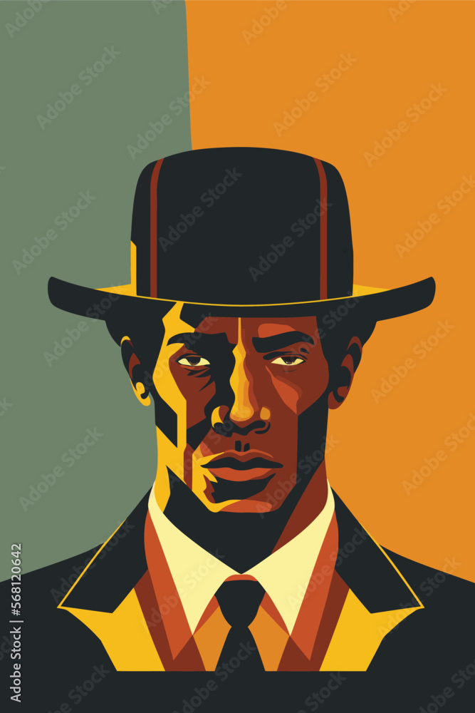 African american man in a hat and suit. Vector illustration.