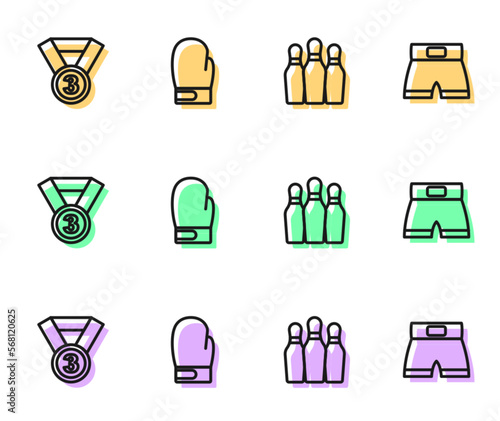 Set line Bowling pin, Medal, Boxing glove and short icon. Vector