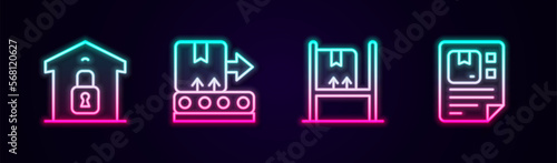 Set line Closed warehouse, Conveyor belt with box, Warehouse interior boxes and Waybill. Glowing neon icon. Vector