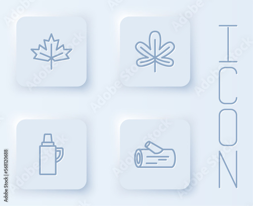 Set line Canadian maple leaf, Chestnut, Thermos container and Wooden log. White square button. Vector