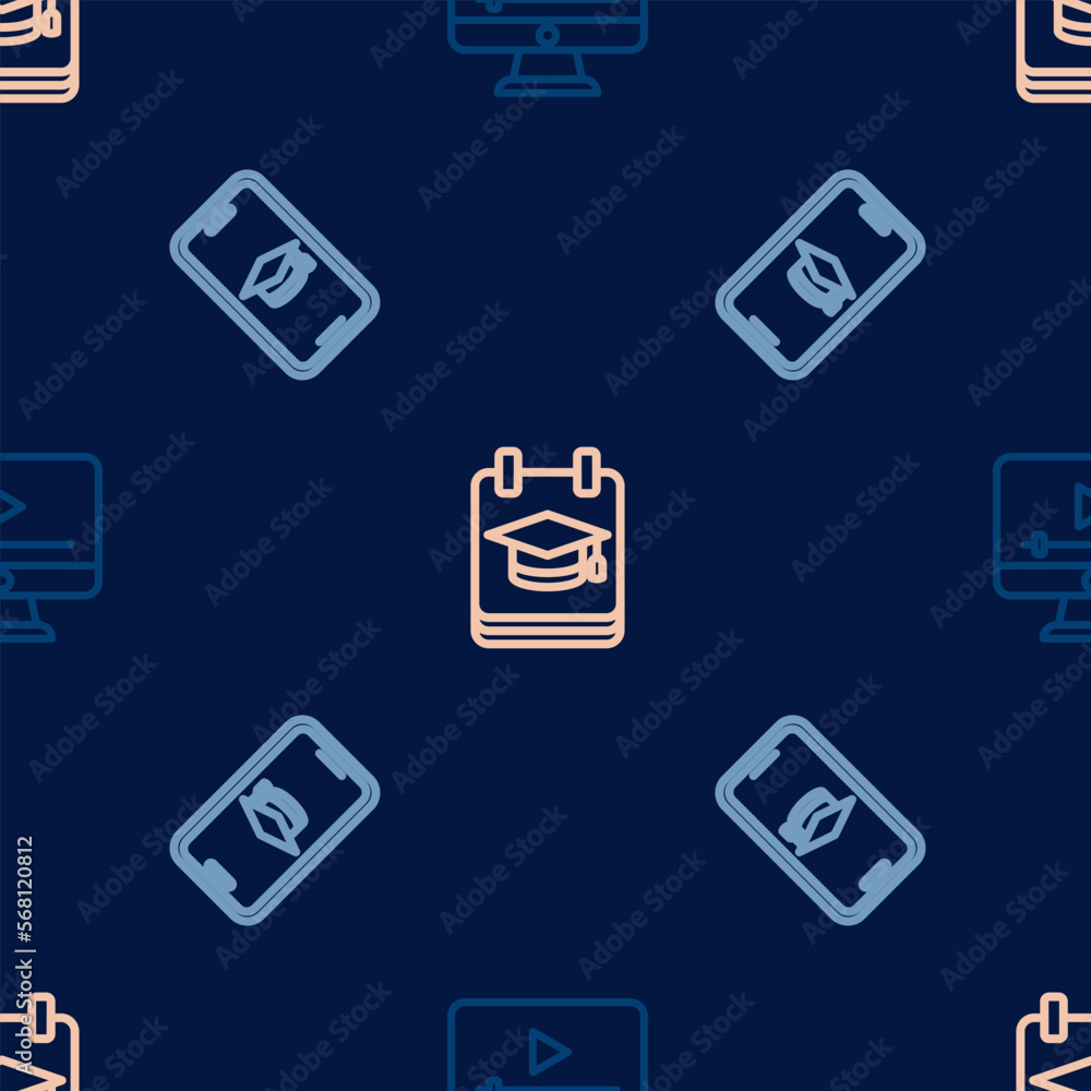 Set line Online play video, Graduation cap on mobile and education on seamless pattern. Vector Set line Online play video, Graduation cap on mobile and education on seamless pattern. Vector