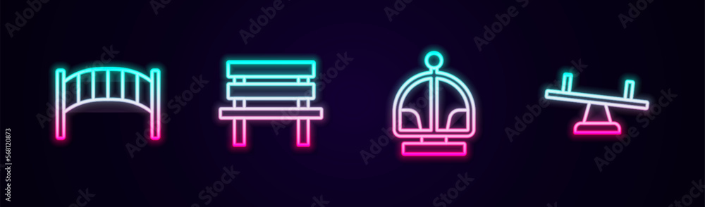 Set line Playground kids bridge, Bench, Attraction carousel and Seesaw. Glowing neon icon. Vector Set line Playground kids bridge, Bench, Attraction carousel and Seesaw. Glowing neon icon. Vector