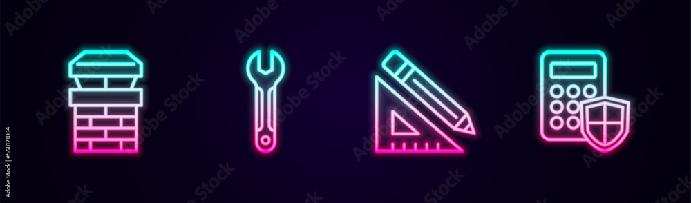 Set line Chimney, Wrench spanner, Triangular ruler and pencil and Security keypad access panel. Glowing neon icon. Vector Set line Chimney, Wrench spanner, Triangular ruler and pencil and Security keypad access panel. Glowing neon icon. Vector
