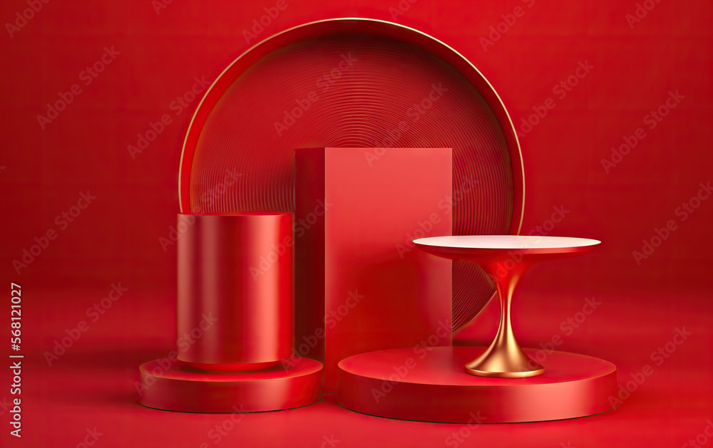 Red background for beauty products with a podium and a pedestal for product photography. Ideal shapes to highlight the merits of your product or logo. Based on Generative AI Red background for beauty products with a podium and a pedestal for product photography. Ideal shapes to highlight the merits of your product or logo. Based on Generative AI
