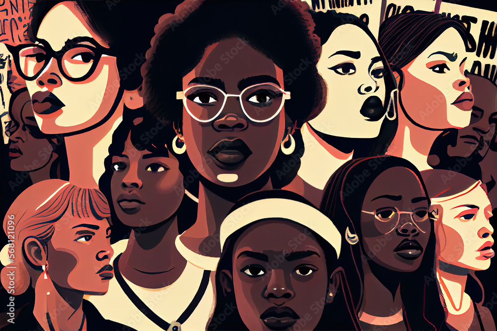 Illustration capturing spirit of Black Lives Matter movement, as protesters from diverse backgrounds unite against racism. A woman takes the lead, marching for justice and equality. Generative AI Illustration capturing spirit of Black Lives Matter movement, as protesters from diverse backgrounds unite against racism. A woman takes the lead, marching for justice and equality. Generative AI