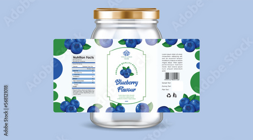 Blueberry food label design, Blueberry jar packaging, fruit jam label design, Blueberry flavor multivitamin gummies label, Blueberry label with glass jar, and golden cap illustration.