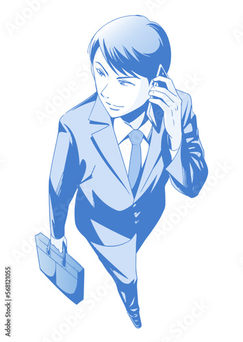 イケメンビジネスマン：携帯を持つ男性, ブルー単色バージョン