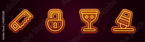 Set line Hand saw, Open padlock, Medieval goblet and Game thimbles. Glowing neon icon. Vector