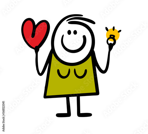 Happy cartoon stick figure woman holds heart and ring in hands.