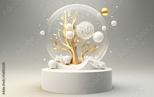 Winter snowy background for beauty products with a podium and a pedestal for product photography. Ideal shapes to highlight the merits of your product or logo. Based on Generative AI