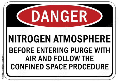 Nitrogen warning chemical sign and labels nitrogen atmosphere, before entering purge with air and follow the confined space procedure