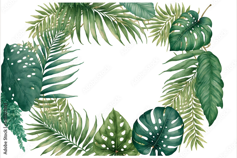 Naklejka premium Watercolor hand painted frame with tropical green leaves and branches. Frame for wedding invitations, save the date or greeting cards made with Generative AI technology
