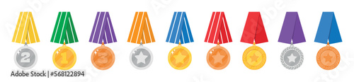 Gold medal. Number 1 golden medals with red award ribbons. First placement winner trophy prize. Vector set 10 eps.