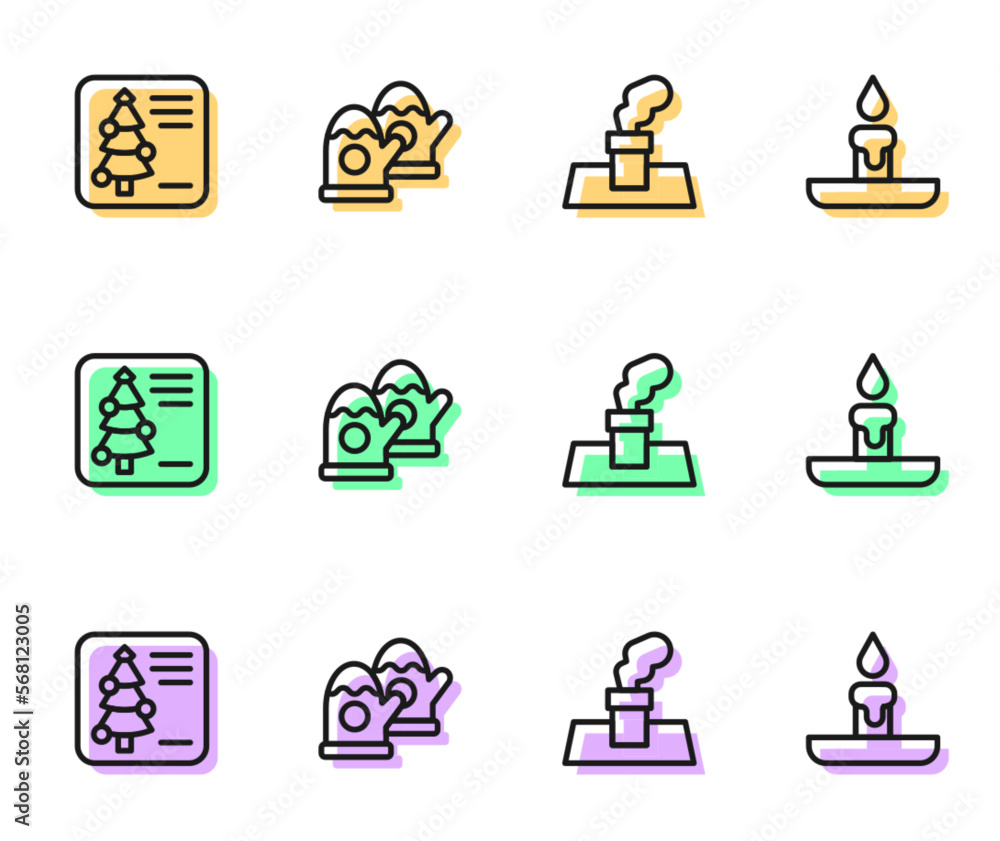 Set line Christmas chimney, postcard, mittens and Burning candle icon. Vector Set line Christmas chimney, postcard, mittens and Burning candle icon. Vector