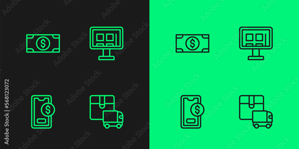 Set line Delivery cargo truck, Mobile with dollar, Stacks paper money cash and Online shopping screen icon. Vector