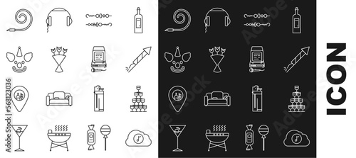 Set line Music streaming service, Wine glasses stacked pyramid tower, Firework rocket, Grilled shish kebab, Bouquet of flowers, Clown head, Birthday party horn and Karaoke icon. Vector